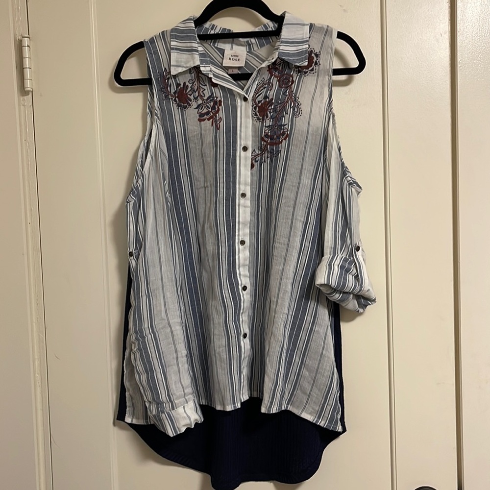 Know Rose open shoulder button up embroidered top